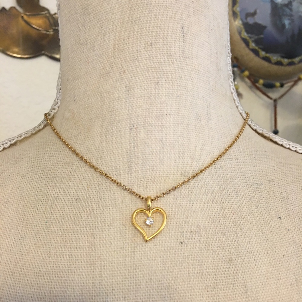 Vintage 80s gold tone cz heart pendant on chain